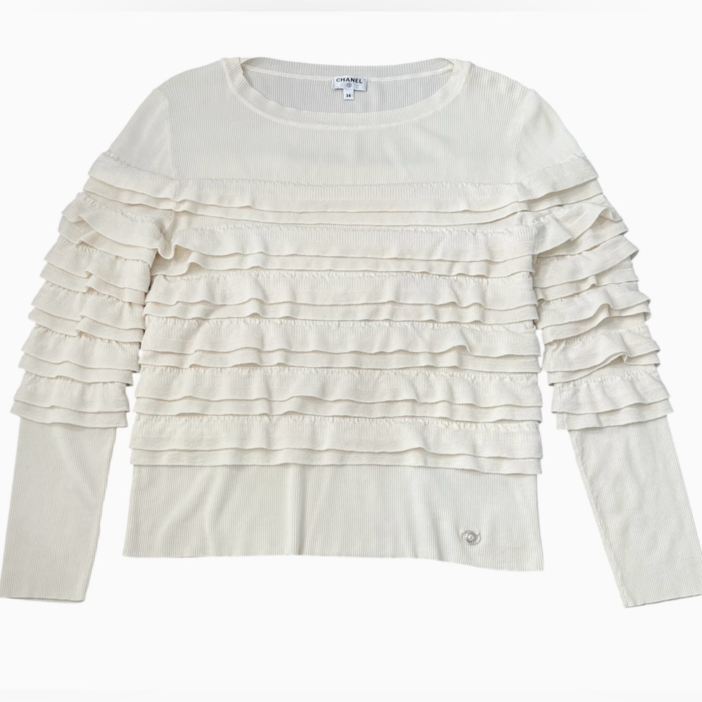 Chanel Sweater Soft Wool Womens 38 (6) Cream Ruffle Tiered Logo Pullover France